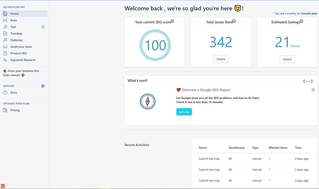 SEO Booster app dashboard showing 100 SEO score, 342 issues fixed, and 21 hours saved.