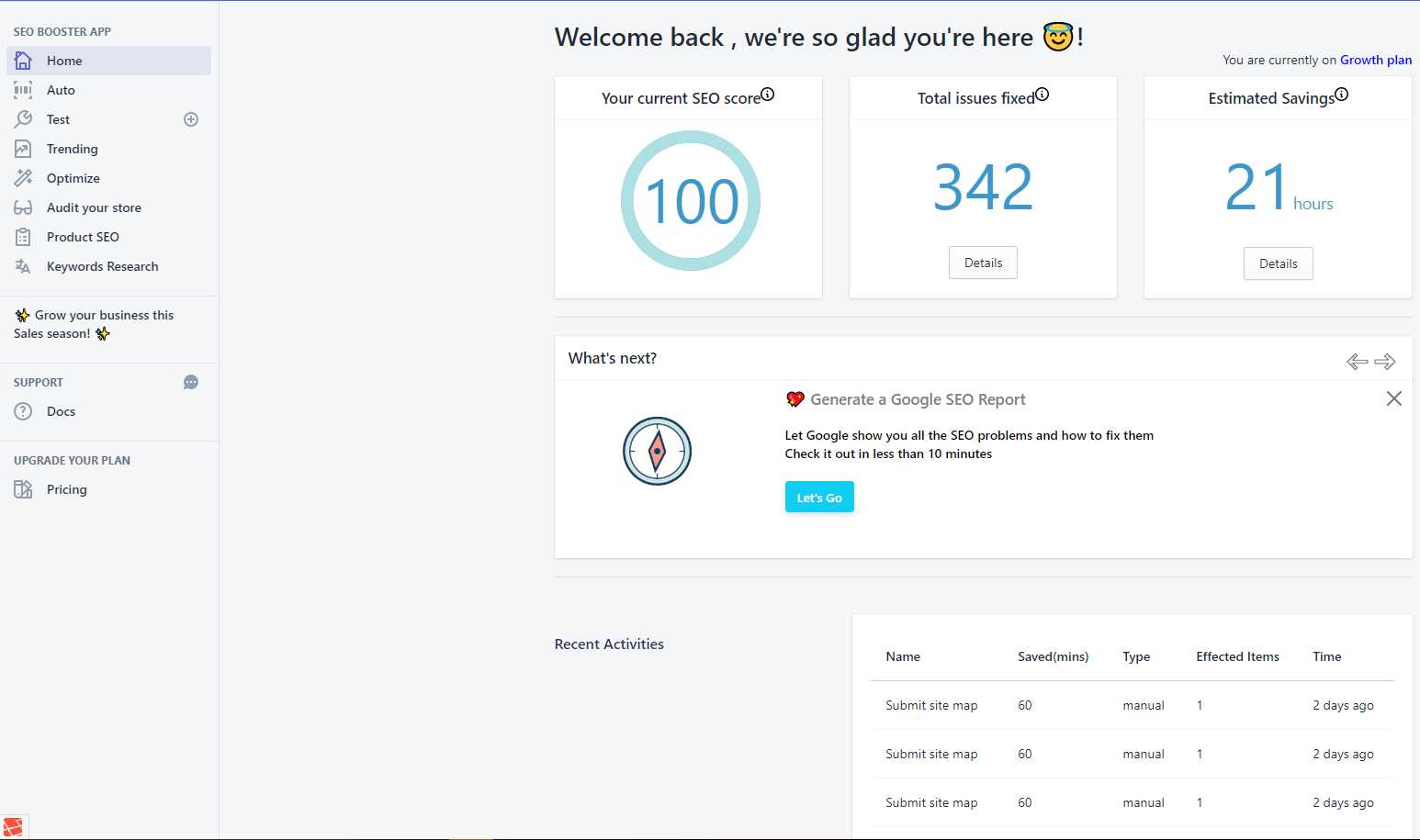 SEO Booster app dashboard showing 100 SEO score, 342 issues fixed, and 21 hours saved.