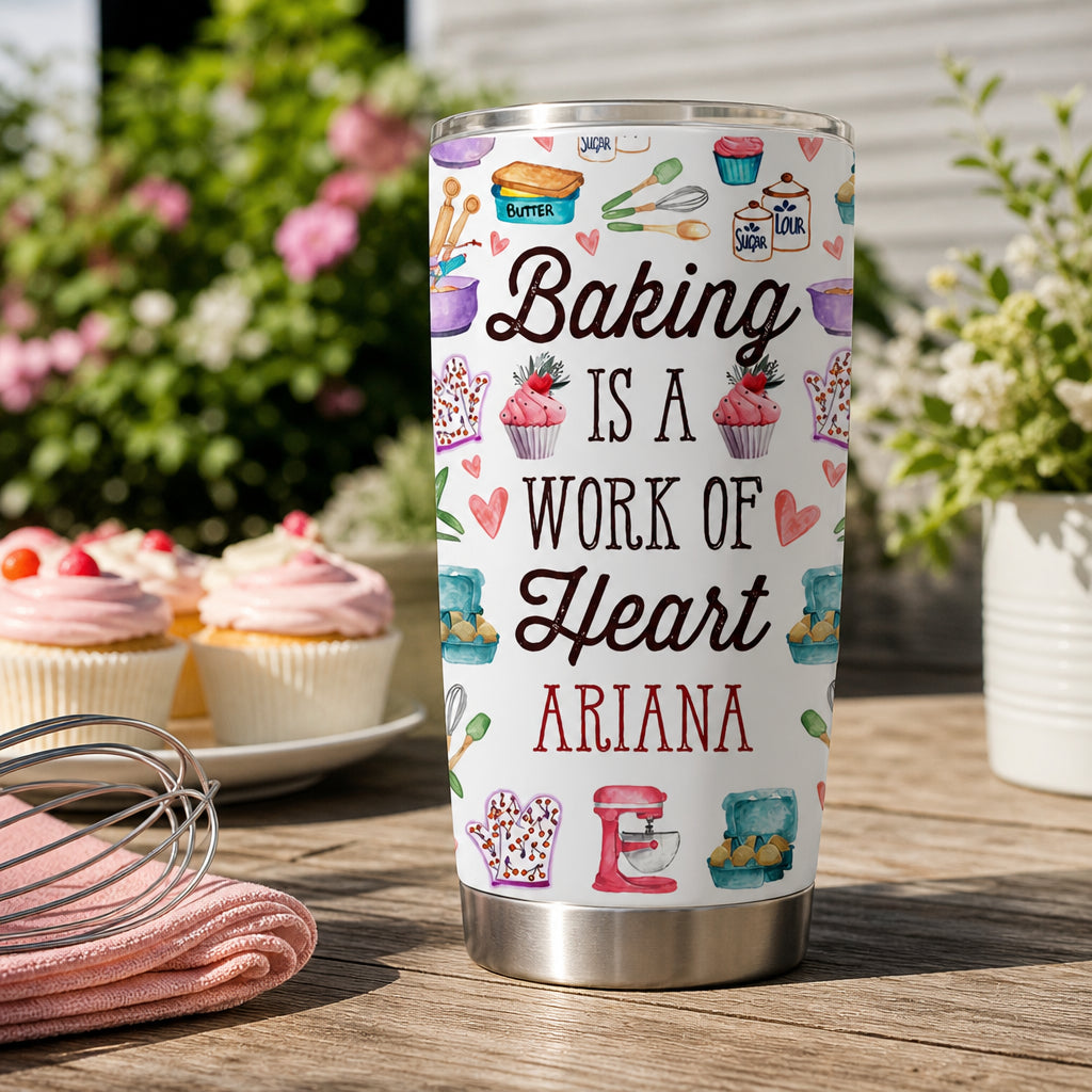 Baking Is a Work of Heart Tumbler – baker tumbler with cupcakes, AI product image by PAI