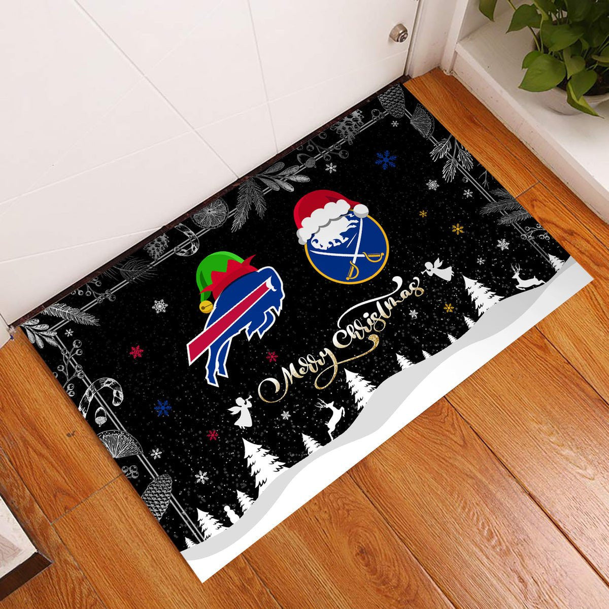 Merry Christmas Doormat- Buffalo B And Buffalo SBR - Anti Slip Indoor Doormat