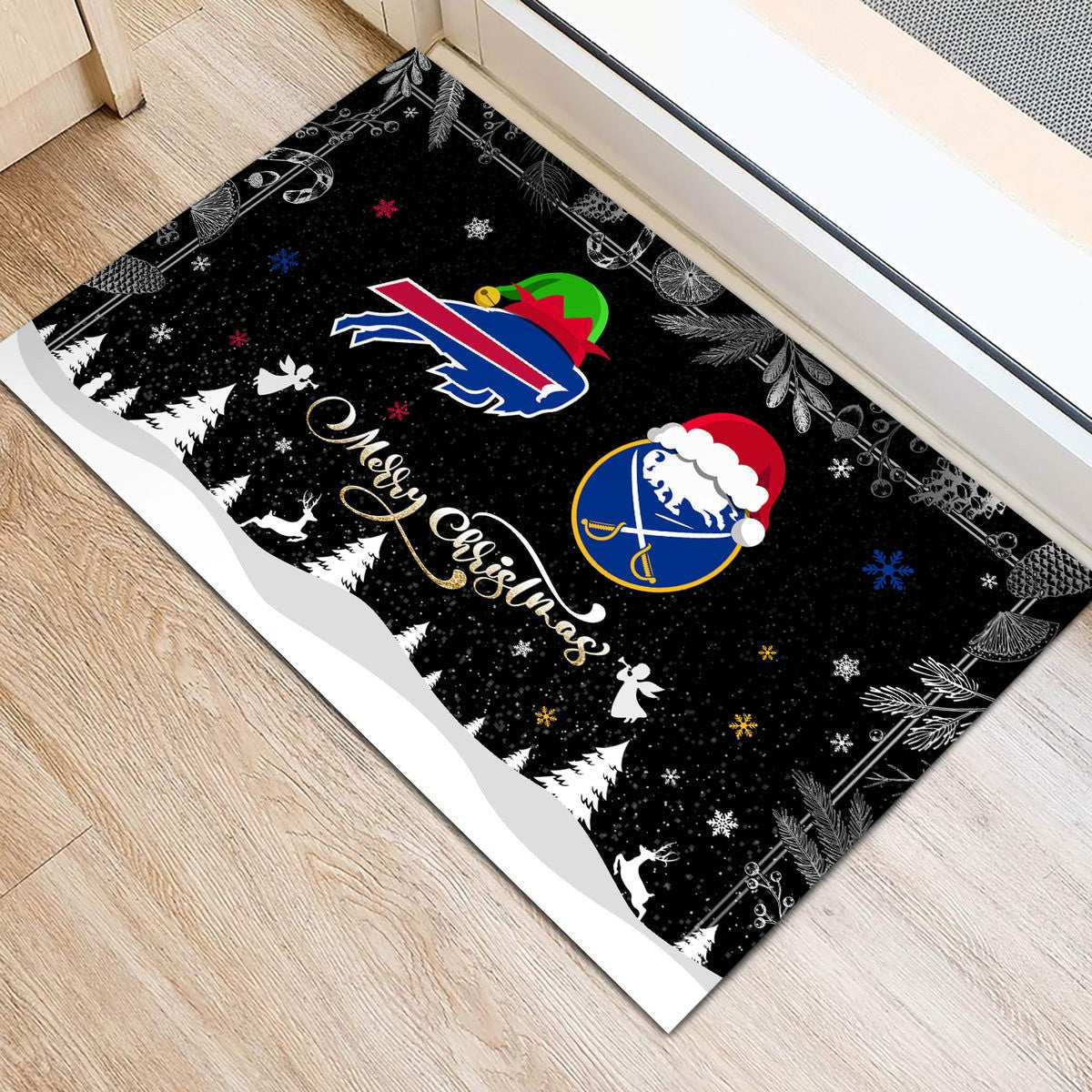 Merry Christmas Doormat- Buffalo B And Buffalo SBR - Anti Slip Indoor Doormat