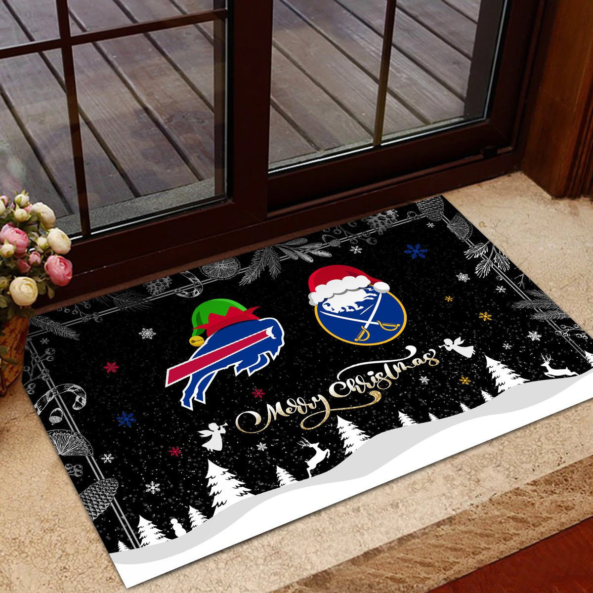 Merry Christmas Doormat- Buffalo B And Buffalo SBR - Anti Slip Indoor Doormat