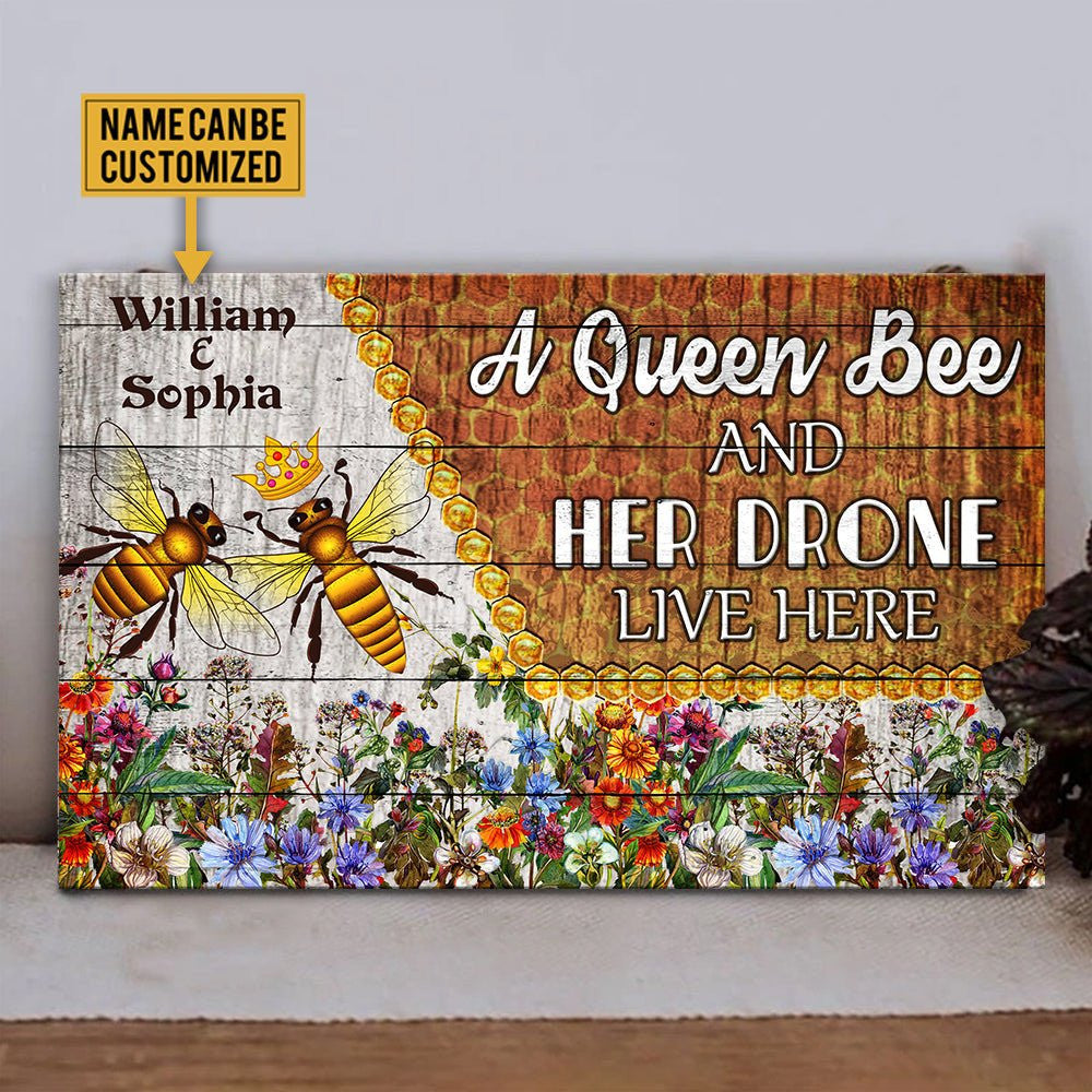 Personalized A Queen Bee And Her Drone Live Here Pallet Wood Rectangle Sign.