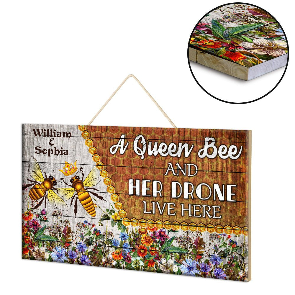 Personalized A Queen Bee And Her Drone Live Here Pallet Wood Rectangle Sign.