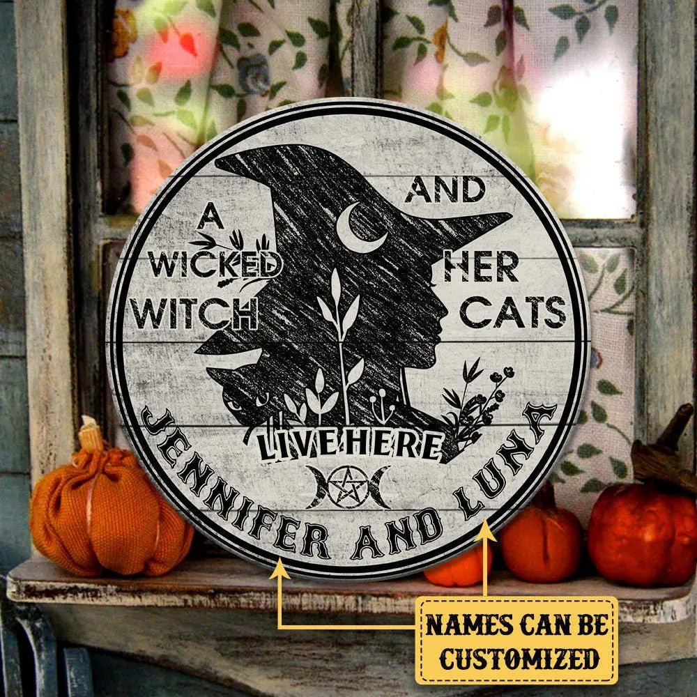 Personalized A Wicked Witch And Her Cat Live Here Pallet Wood Circle Sign.