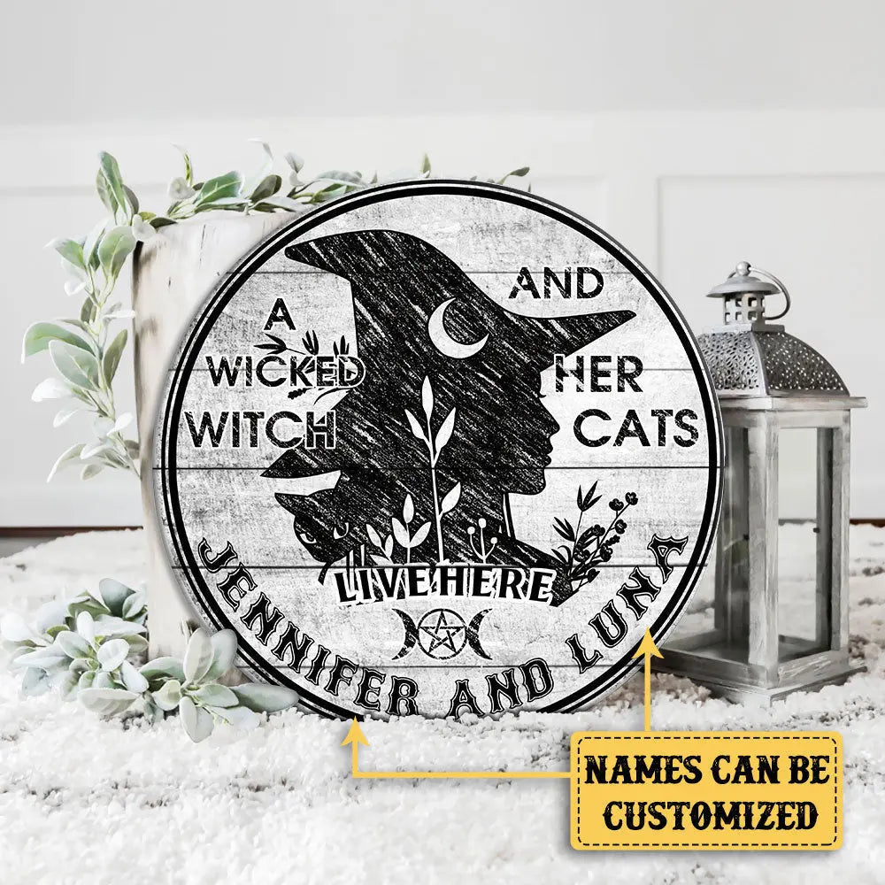 Personalized A Wicked Witch And Her Cat Live Here Pallet Wood Circle Sign.