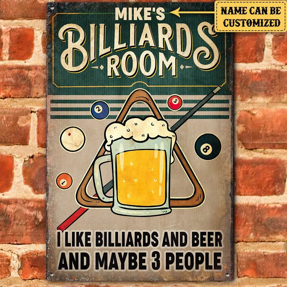 Personalized Billiards Room Metal Sign.