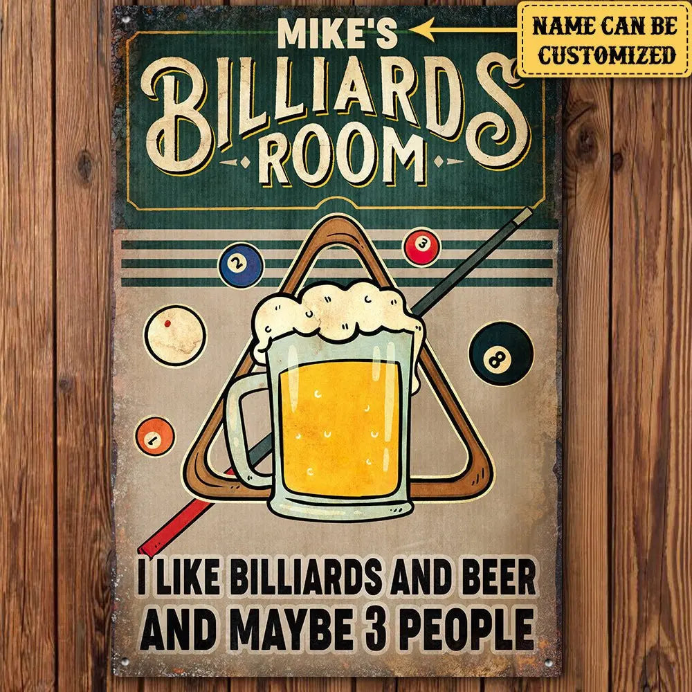 Personalized Billiards Room Metal Sign.