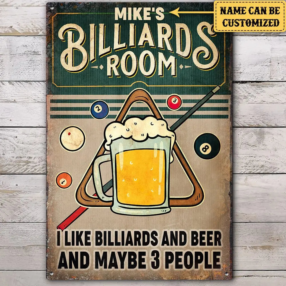 Personalized Billiards Room Metal Sign.