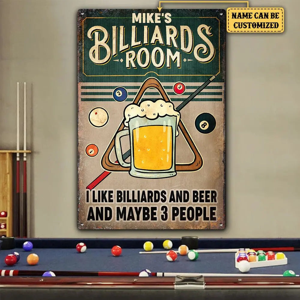 Personalized Billiards Room Metal Sign.