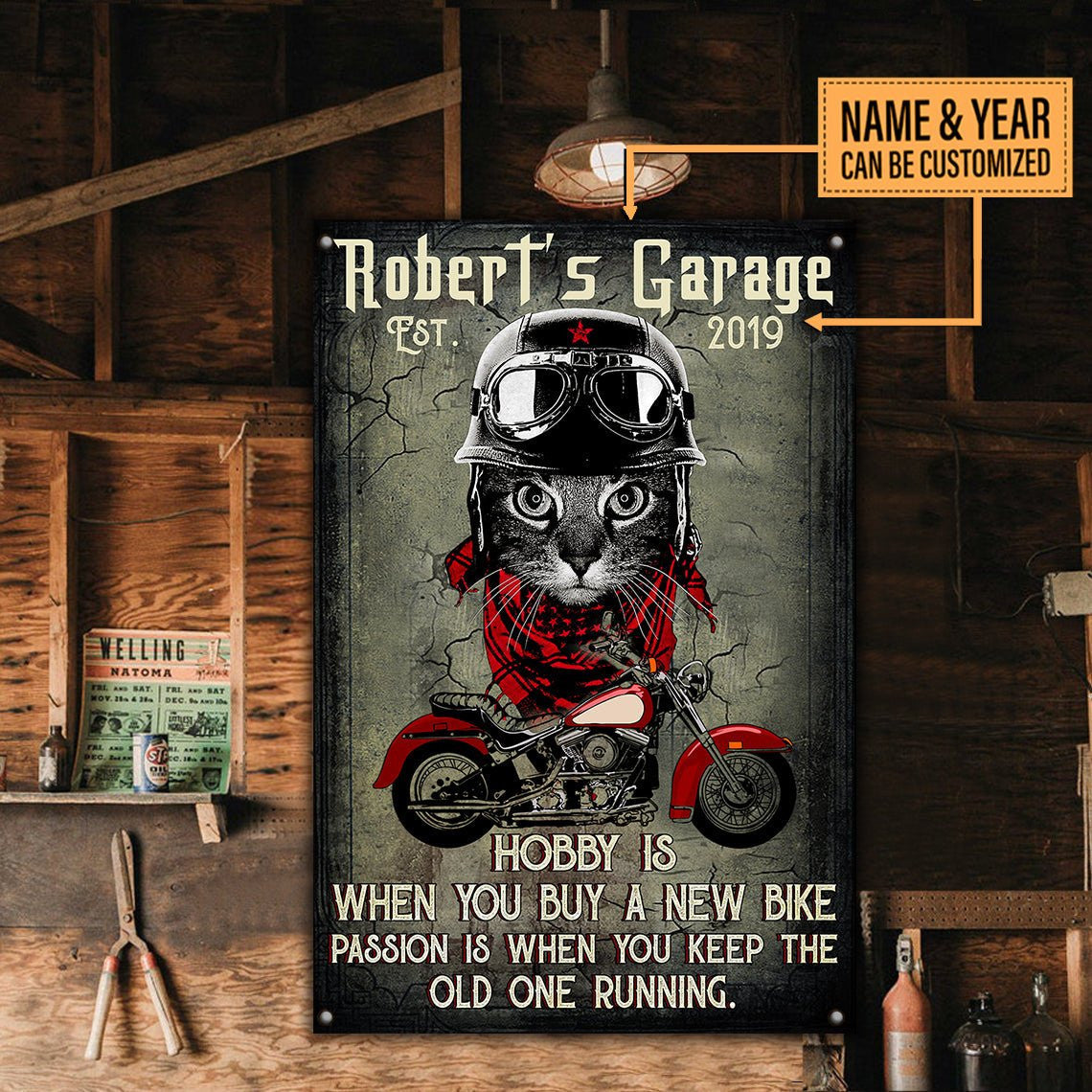Personalized Cat Motorcycle Garage Classic Metal Sign.
