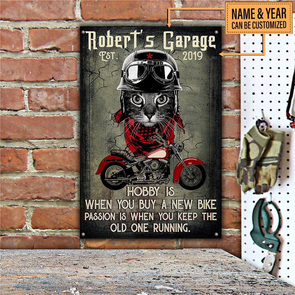 Personalized Cat Motorcycle Garage Classic Metal Sign.