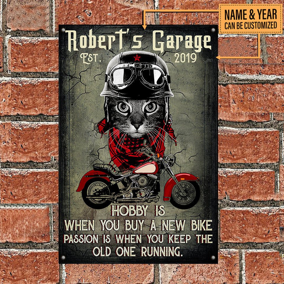 Personalized Cat Motorcycle Garage Classic Metal Sign.