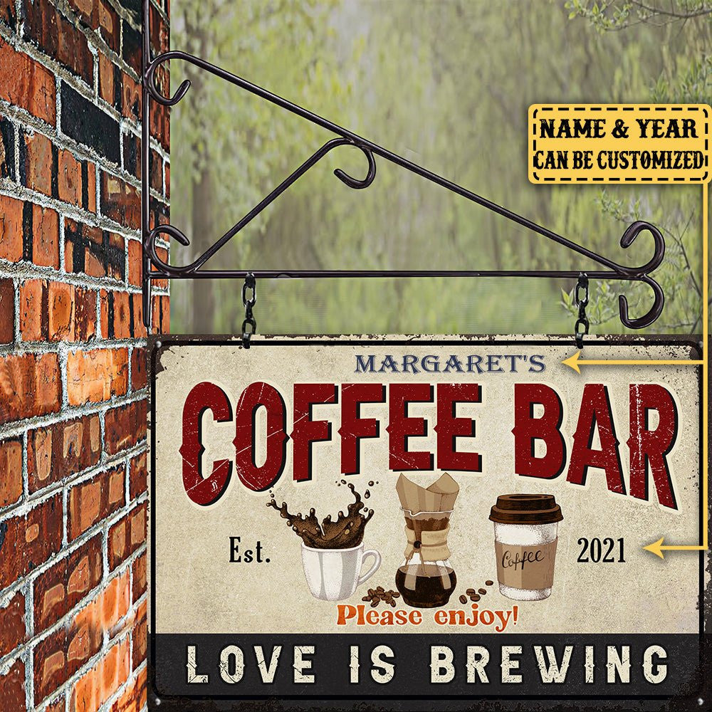 Personalized Coffee Bar Love Is Brewing Metal Sign.