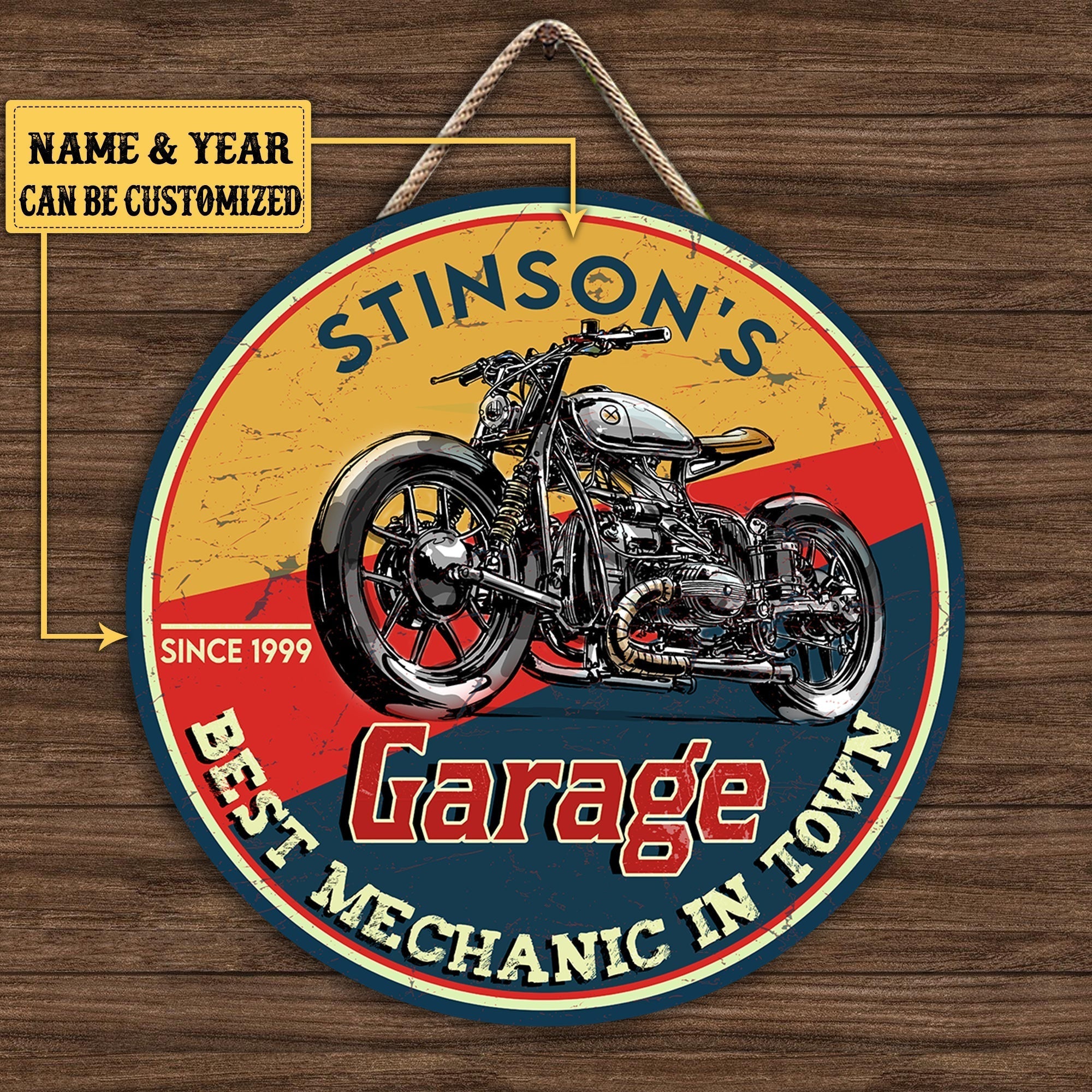 Personalized Garage Best Mechanic In Town Wood Round Sign.