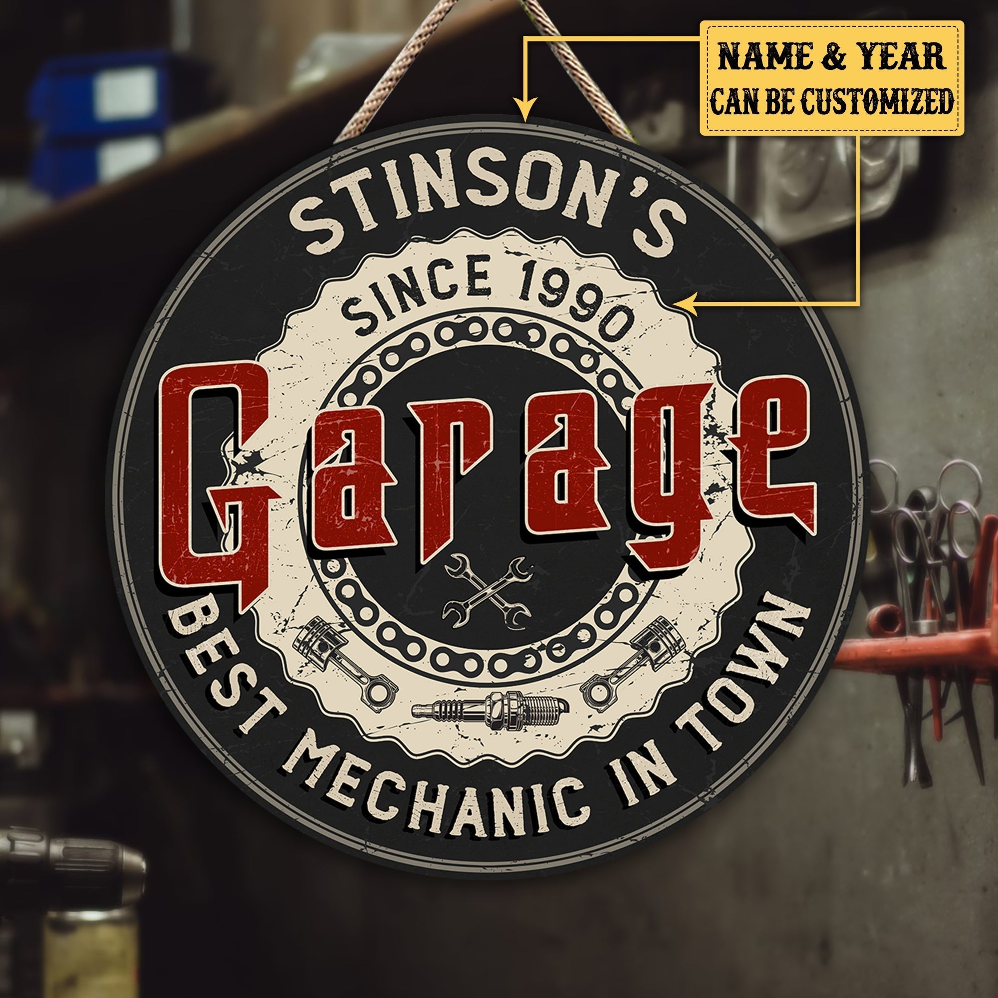 Personalized Garage Best Mechanic In Town Wood Round Sign.