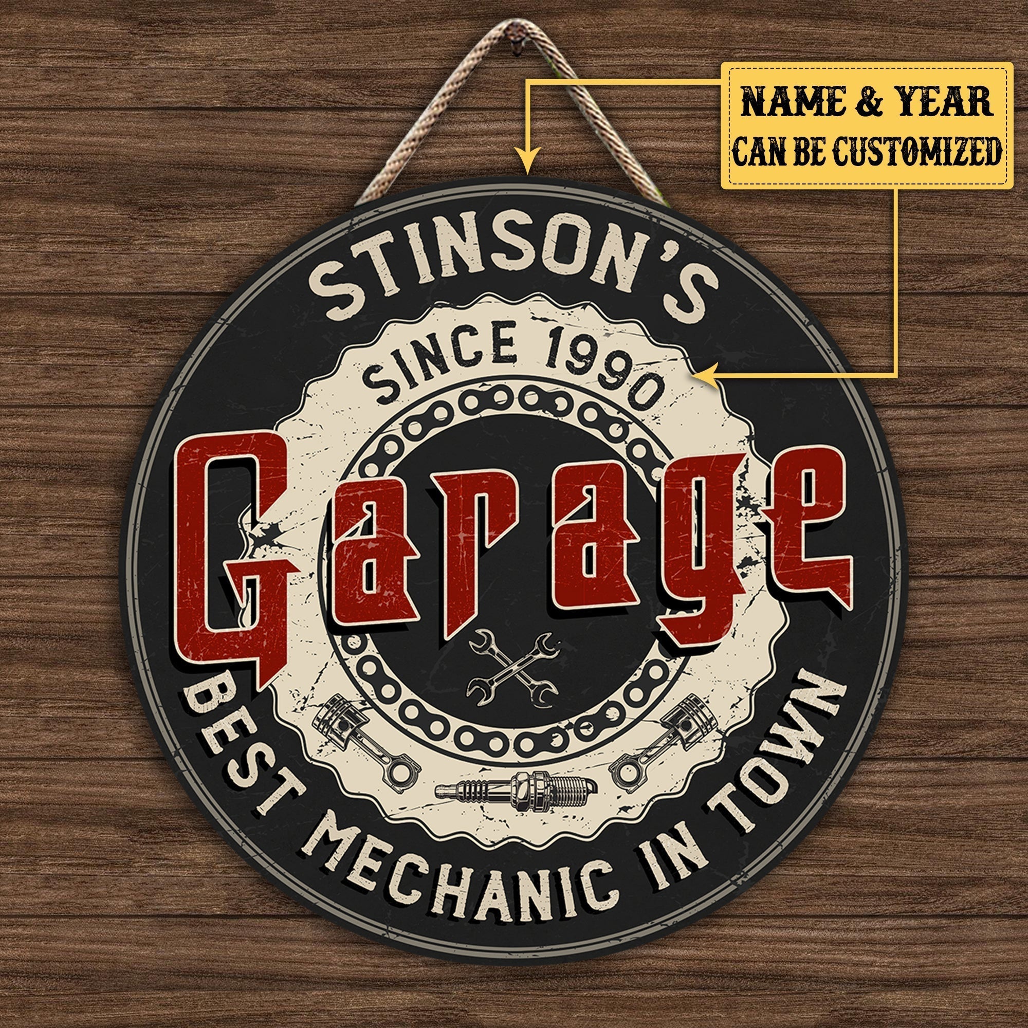Personalized Garage Best Mechanic In Town Wood Round Sign.