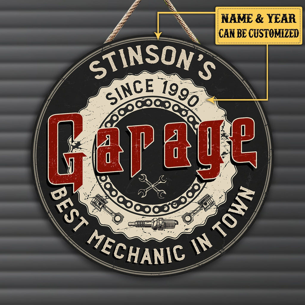 Personalized Garage Best Mechanic In Town Wood Round Sign.