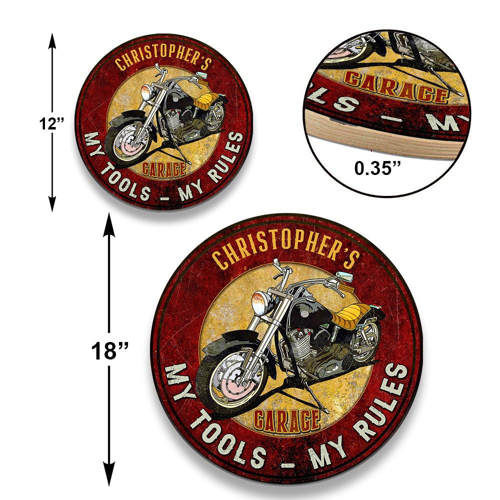 Personalized Garage My Tools My Rules Wood Round Sign.