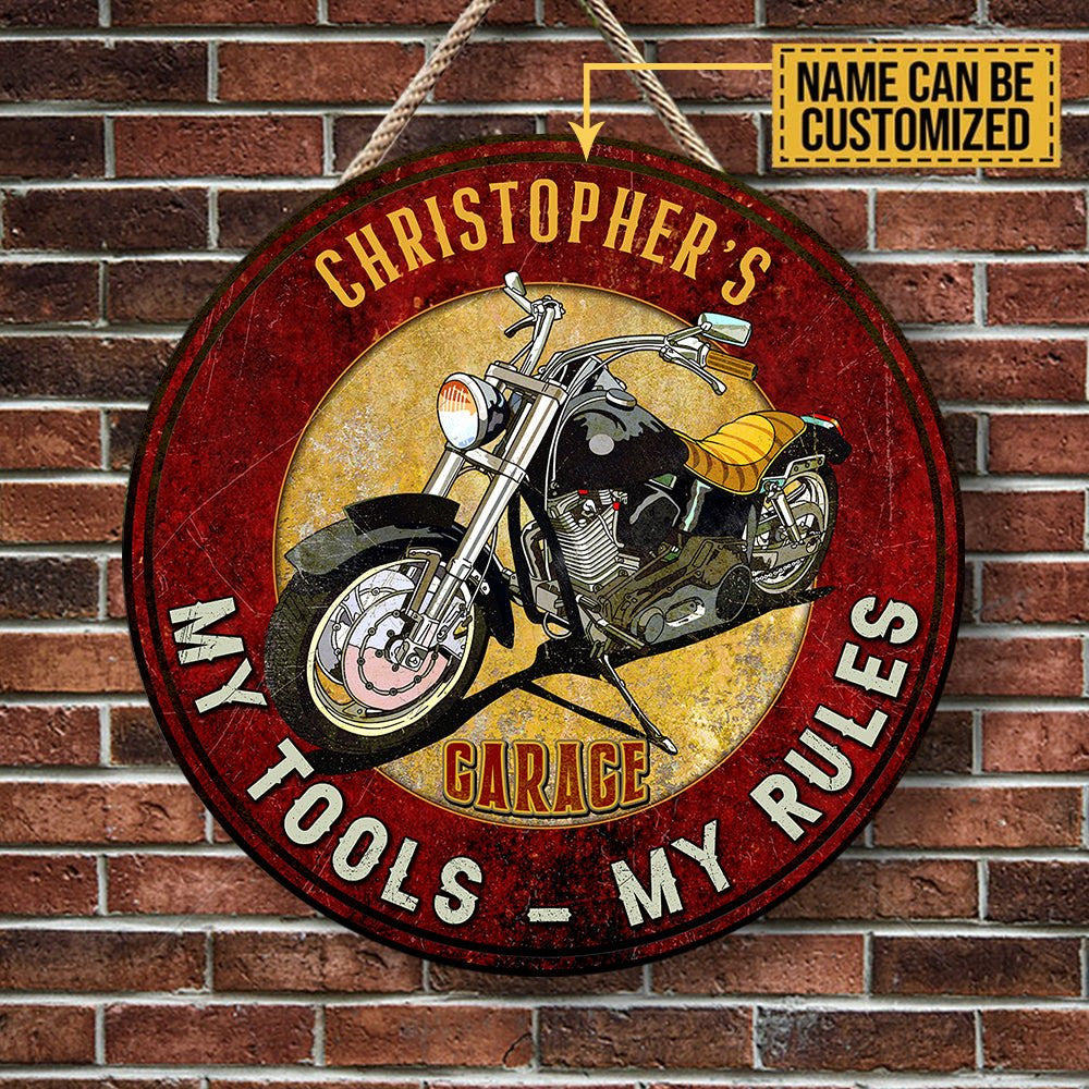 Personalized Garage My Tools My Rules Wood Round Sign.