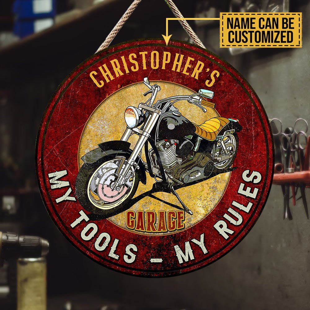 Personalized Garage My Tools My Rules Wood Round Sign.