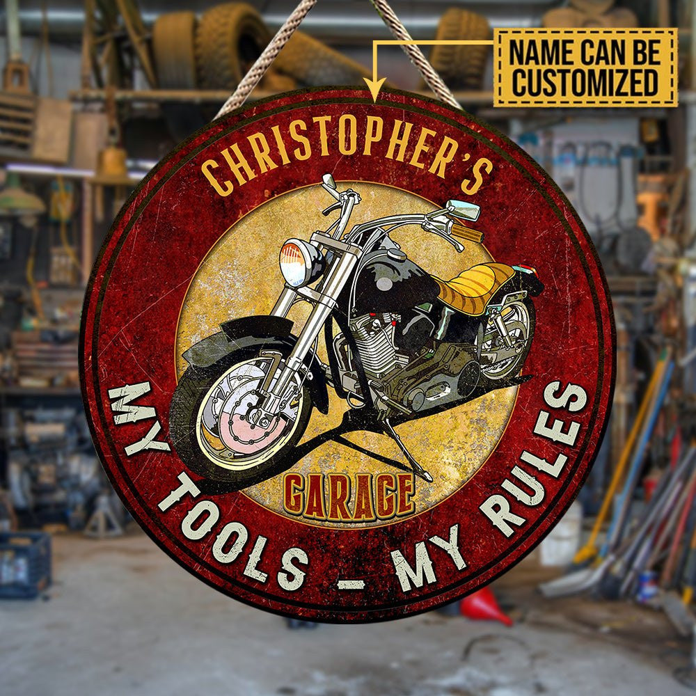 Personalized Garage My Tools My Rules Wood Round Sign.