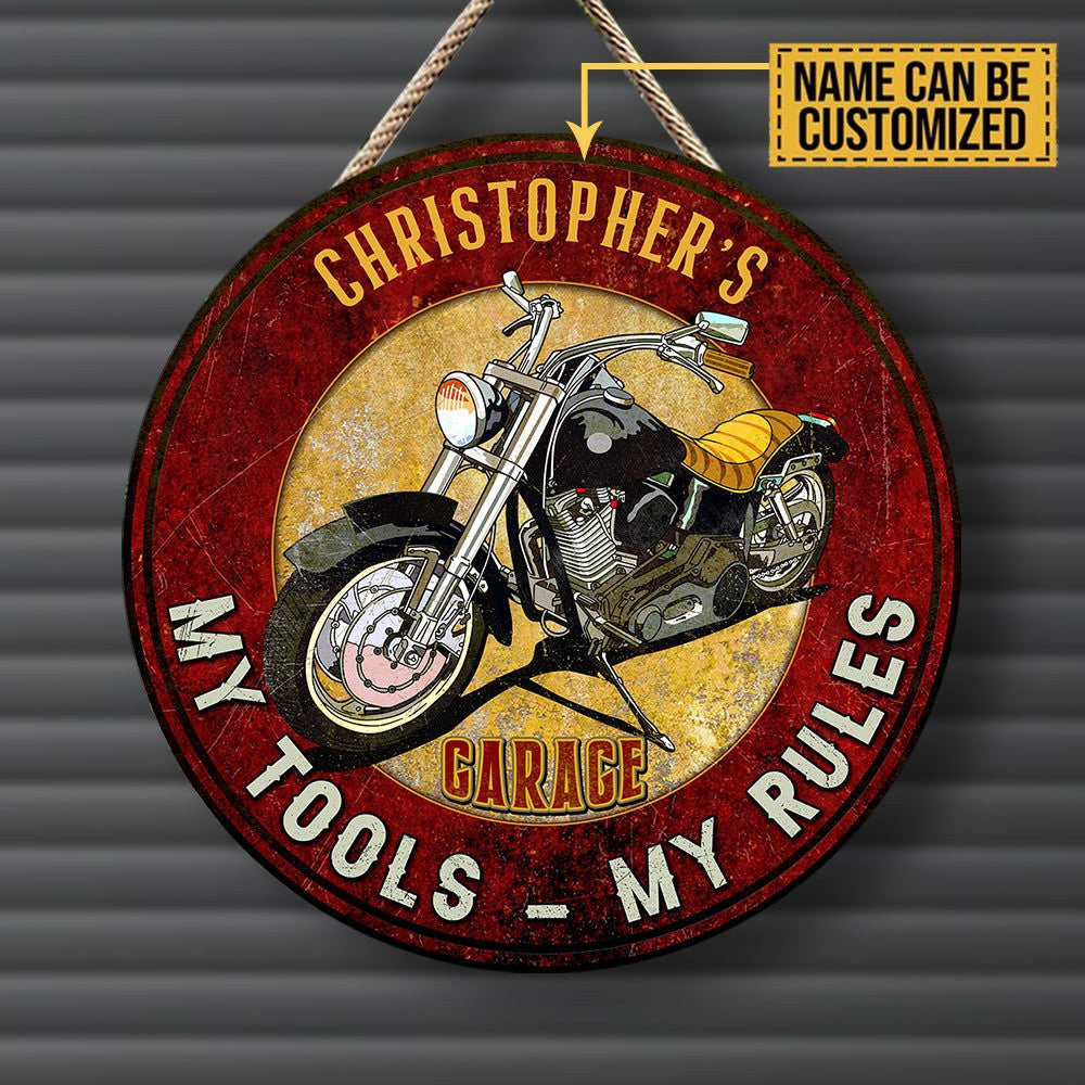 Personalized Garage My Tools My Rules Wood Round Sign.