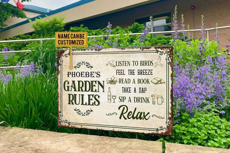 Personalized Garden Rules Metal Sign.
