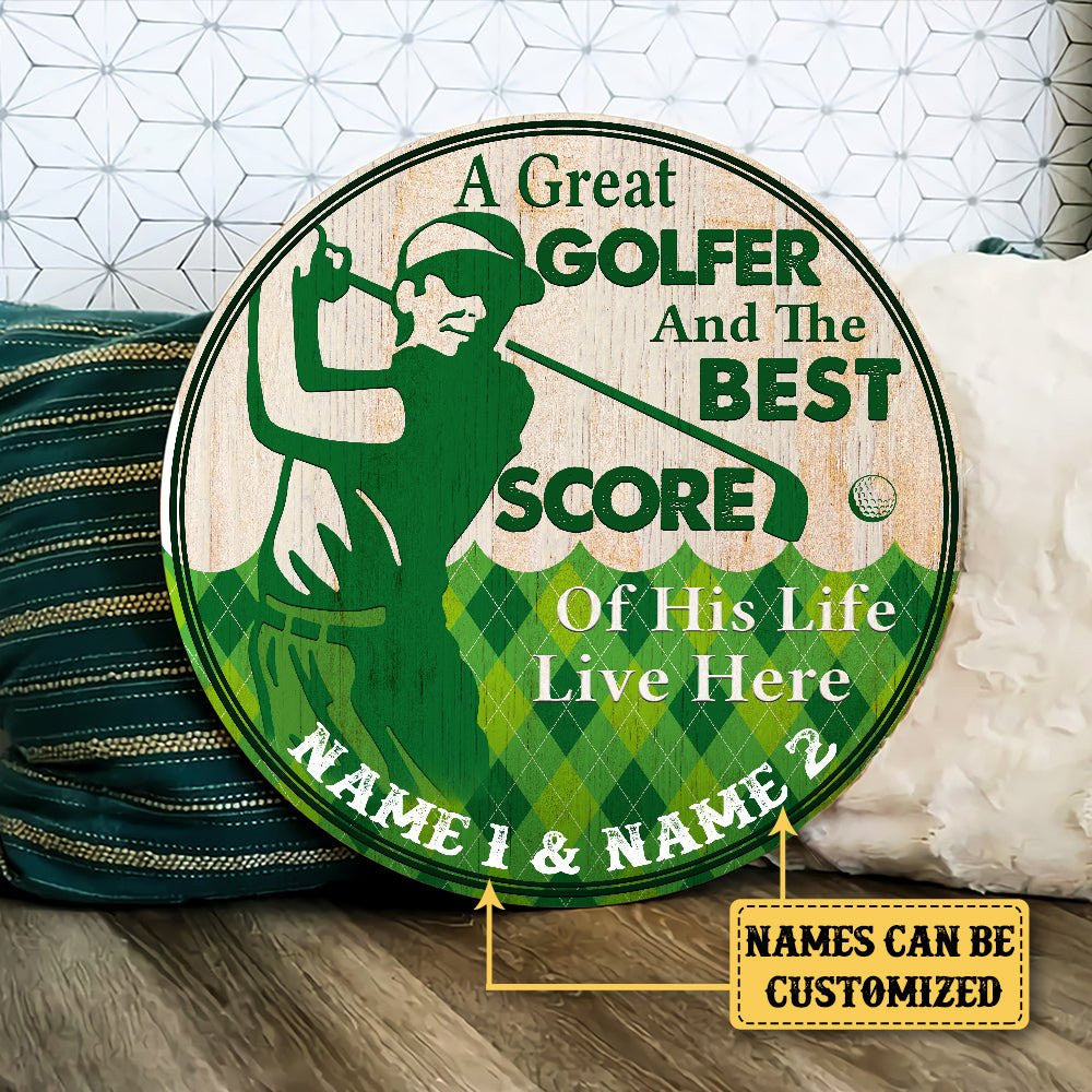 Personalized Golf Best Score of His Life Wood Round Sign.