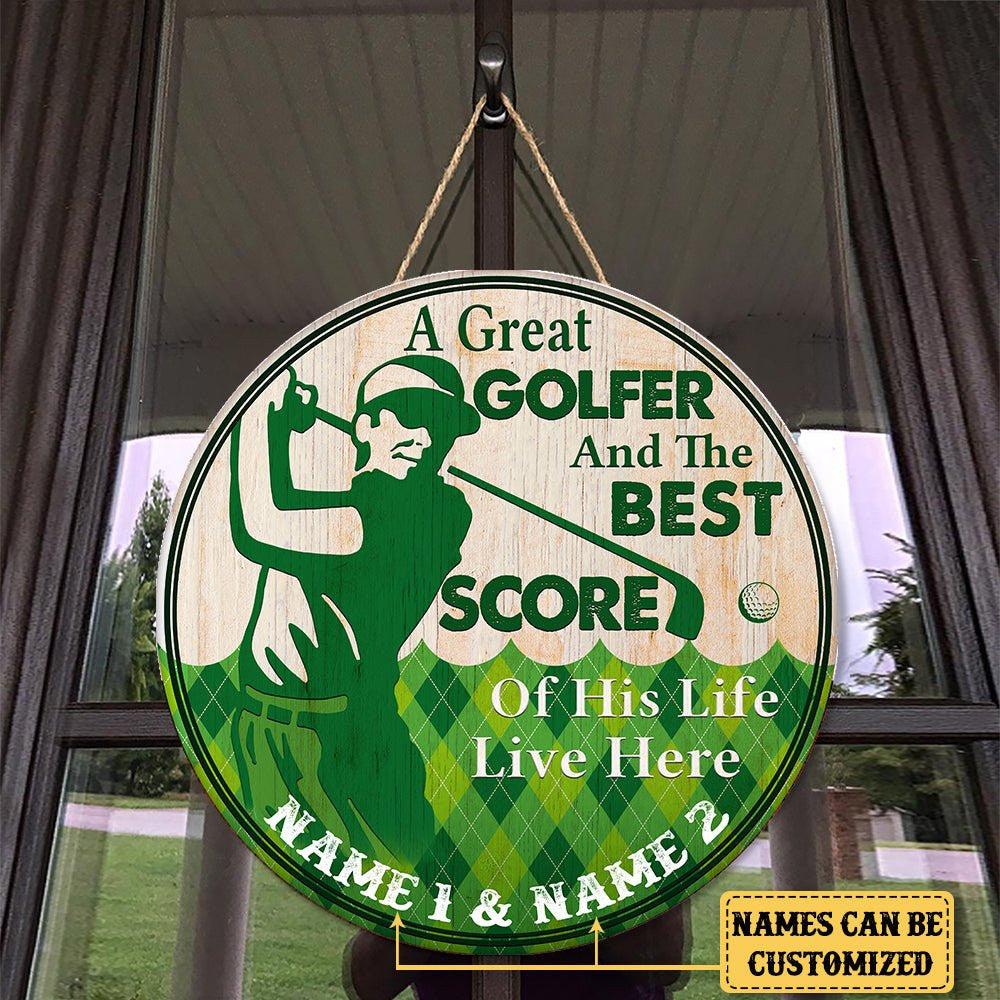 Personalized Golf Best Score of His Life Wood Round Sign.