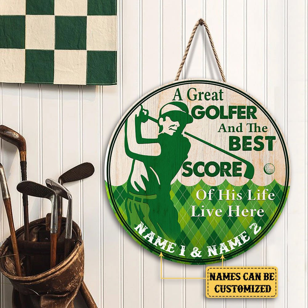 Personalized Golf Best Score of His Life Wood Round Sign.