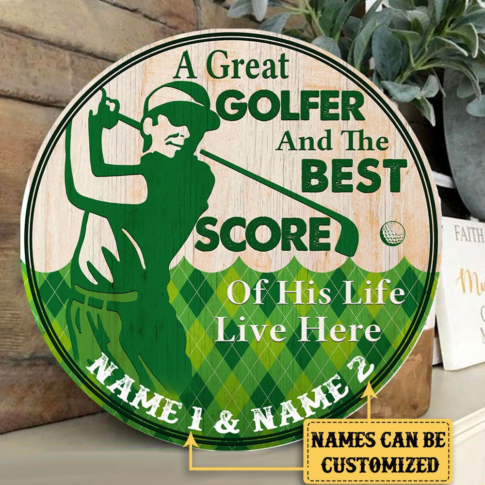 Personalized Golf Best Score of His Life Wood Round Sign.