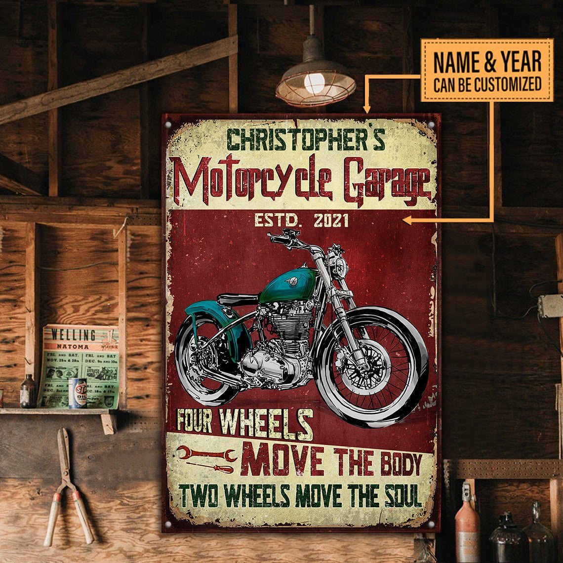 Personalized Motorcycle Garage Classic Metal Sign.