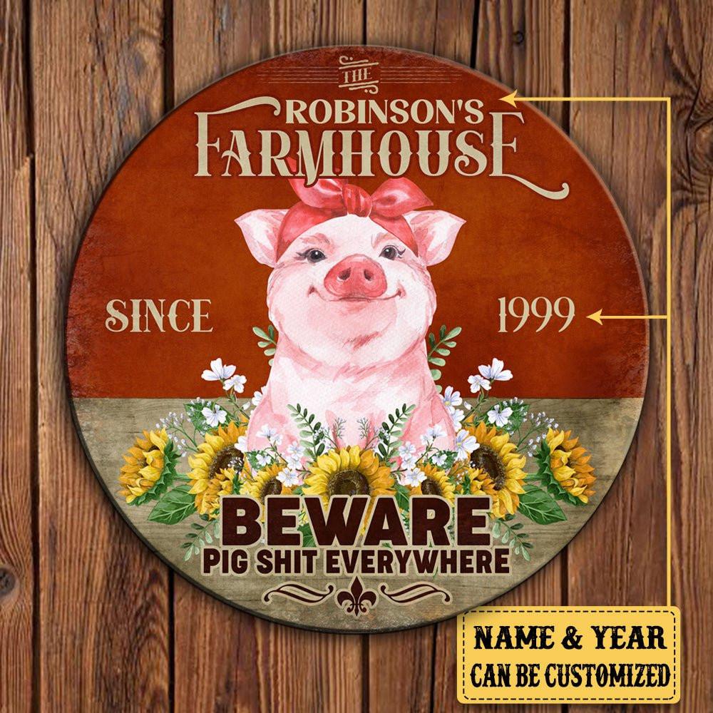 Personalized Pig Farm House Beware Wood Round Sign.