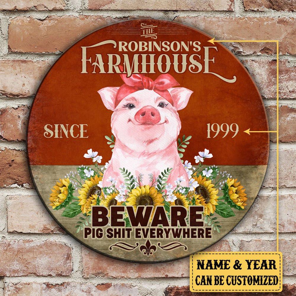 Personalized Pig Farm House Beware Wood Round Sign.