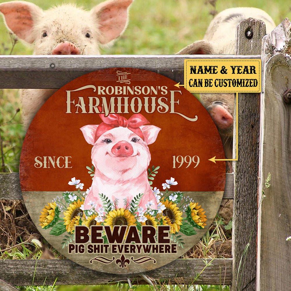 Personalized Pig Farm House Beware Wood Round Sign.
