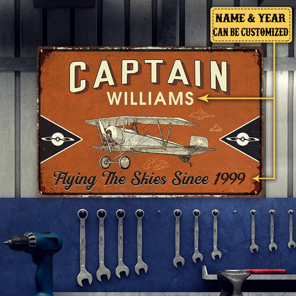 Personalized Pilot Captain Fly The Skies Metal Sign.