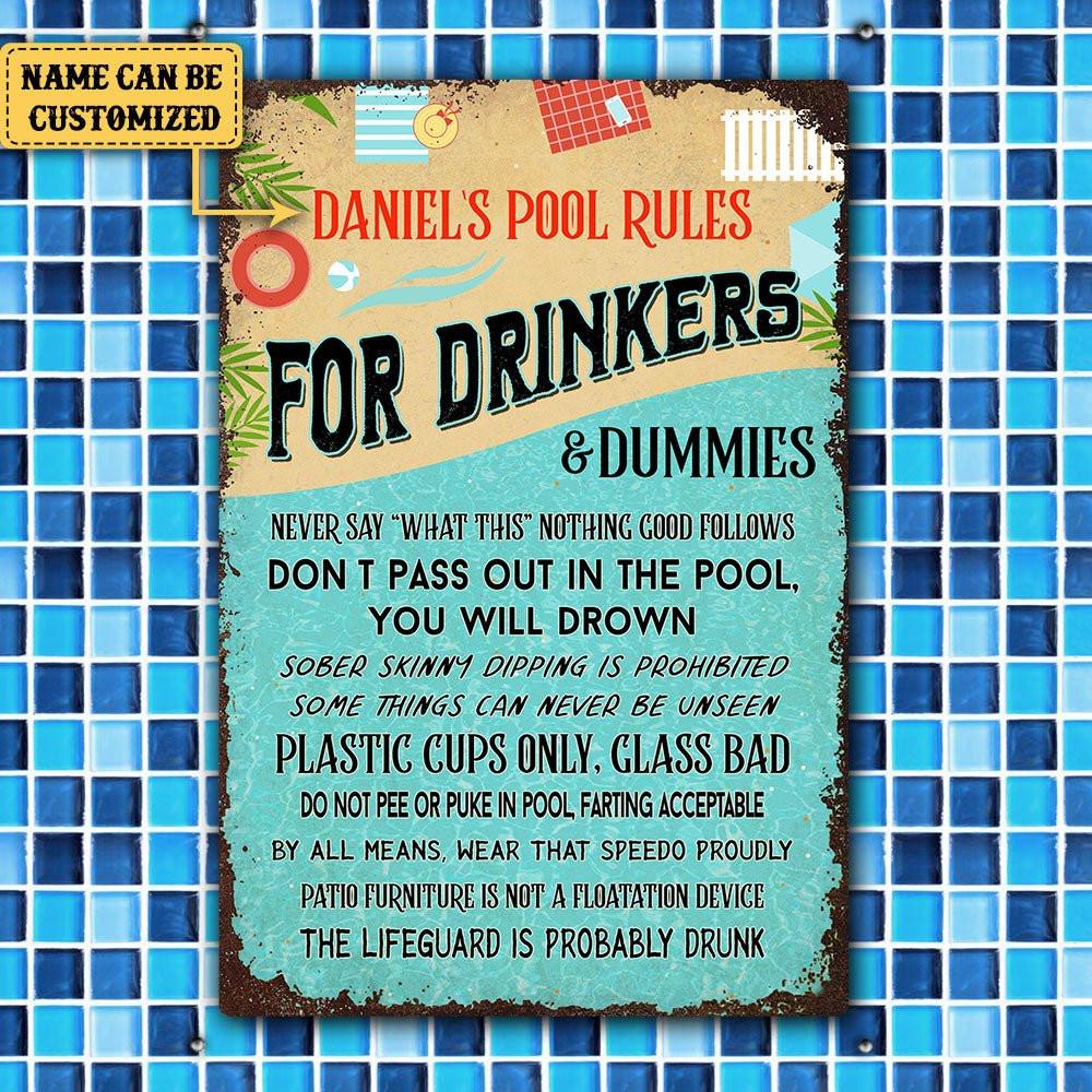 Personalized Pool Rules For Drinkers And Dummies Metal Sign.