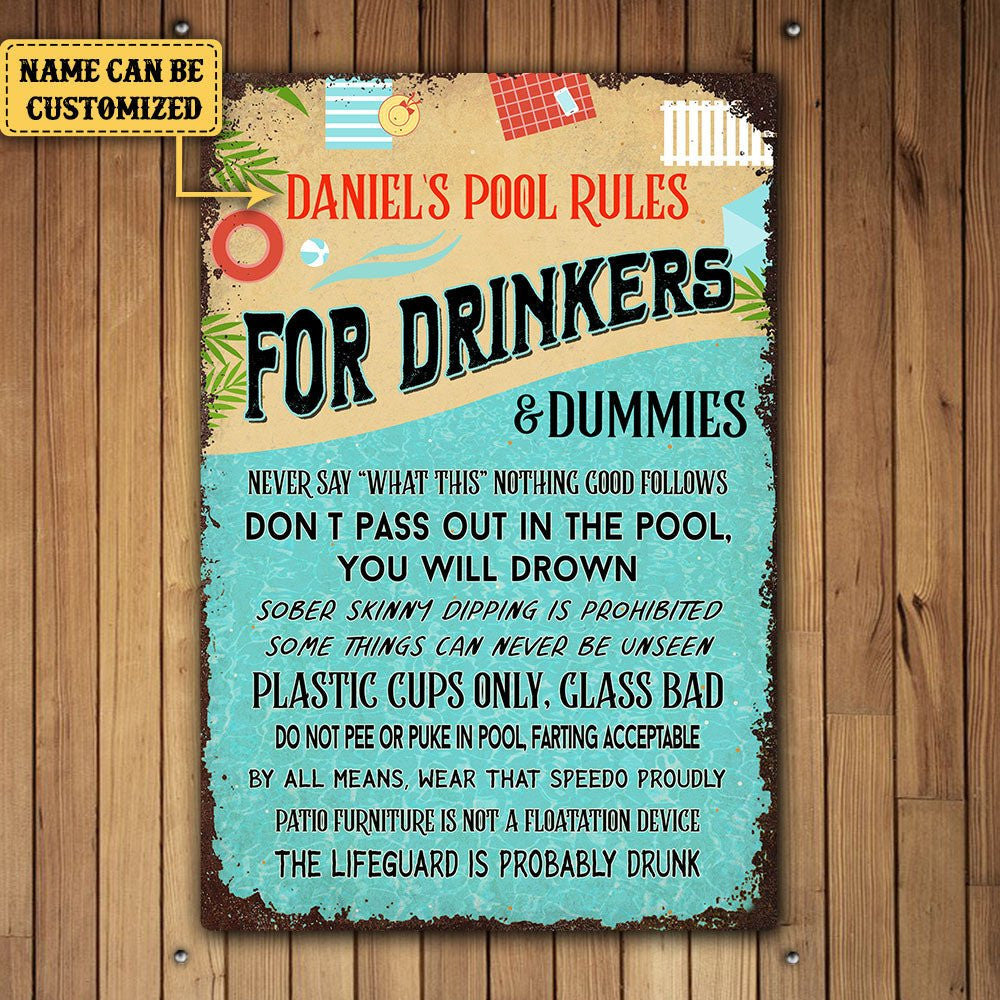 Personalized Pool Rules For Drinkers And Dummies Metal Sign.