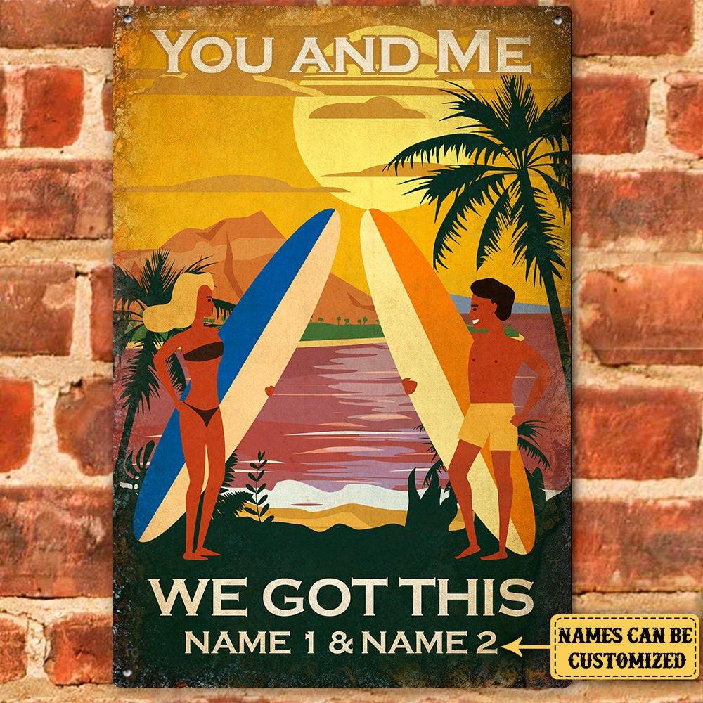 Personalized Surfing Couple Classic Metal Sign.