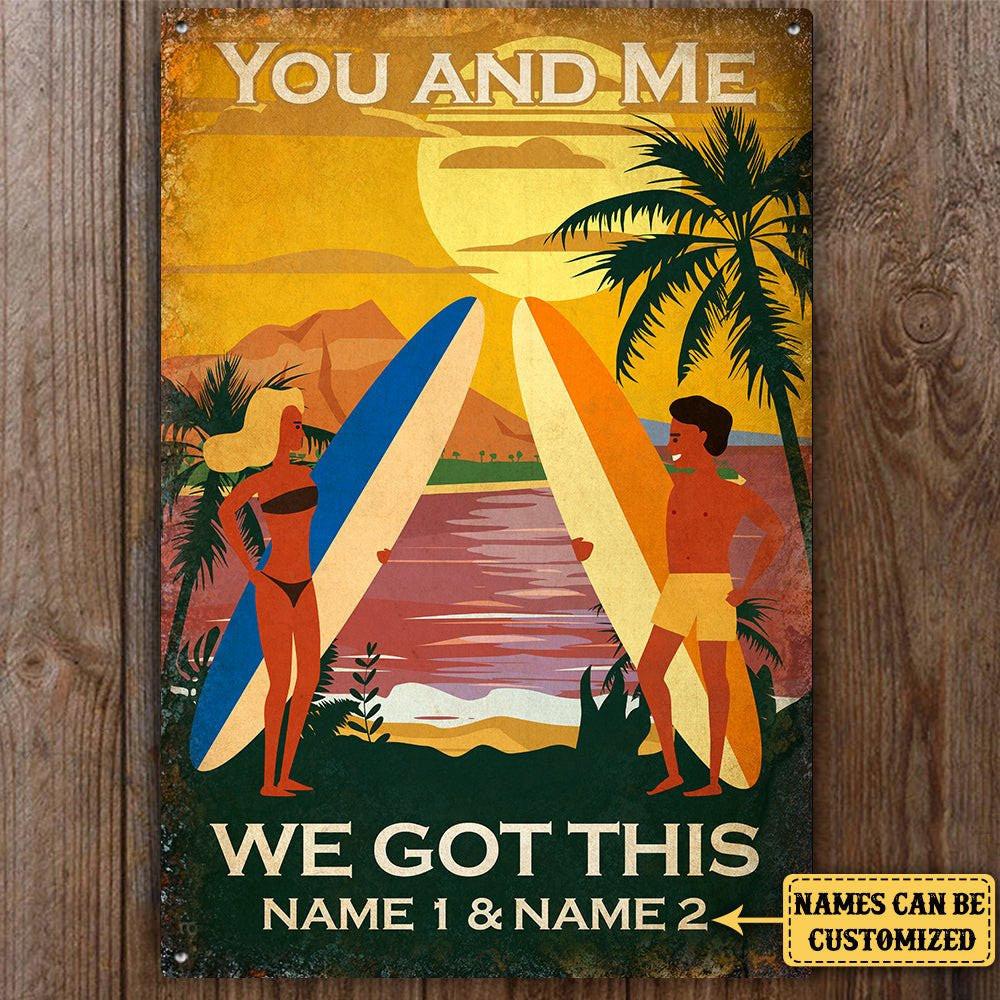 Personalized Surfing Couple Classic Metal Sign.