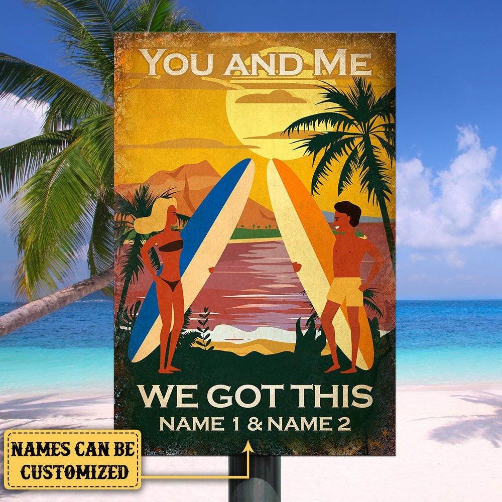 Personalized Surfing Couple Classic Metal Sign.