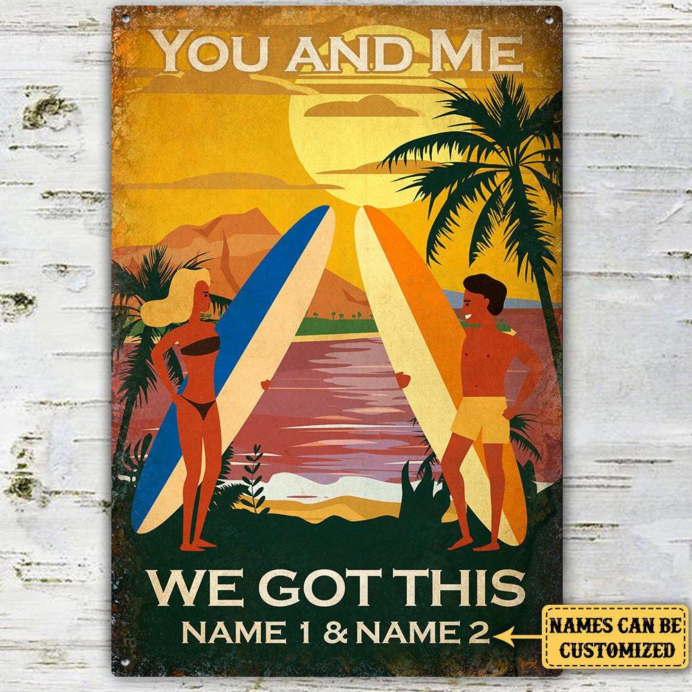Personalized Surfing Couple Classic Metal Sign.