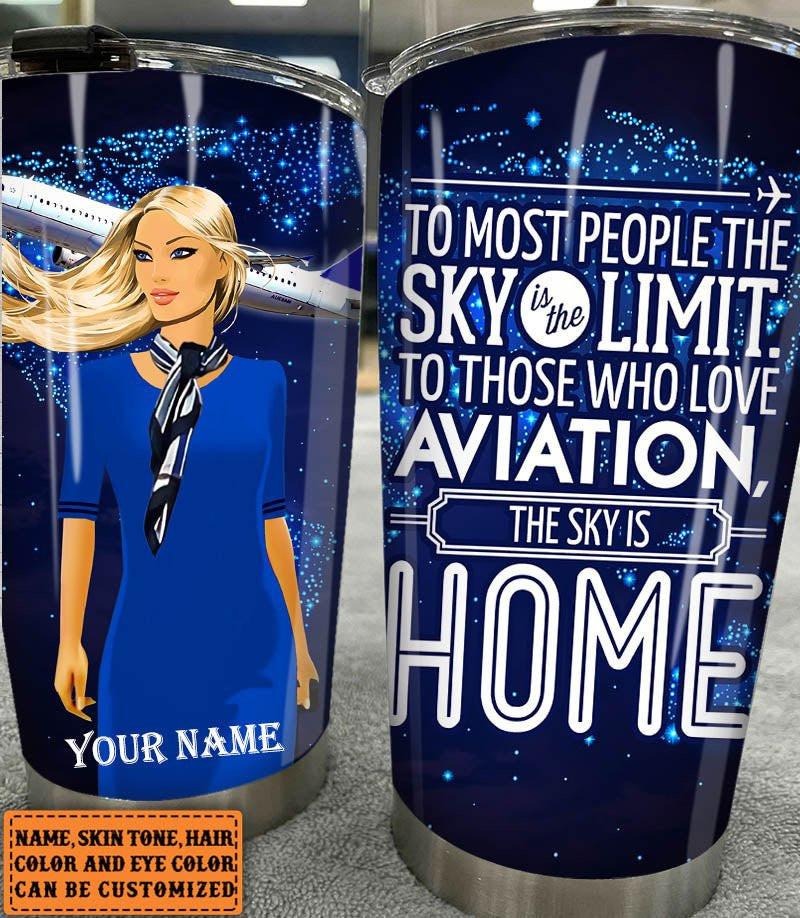 Personalized The Sky Is Home Flight Attendant Tumbler.