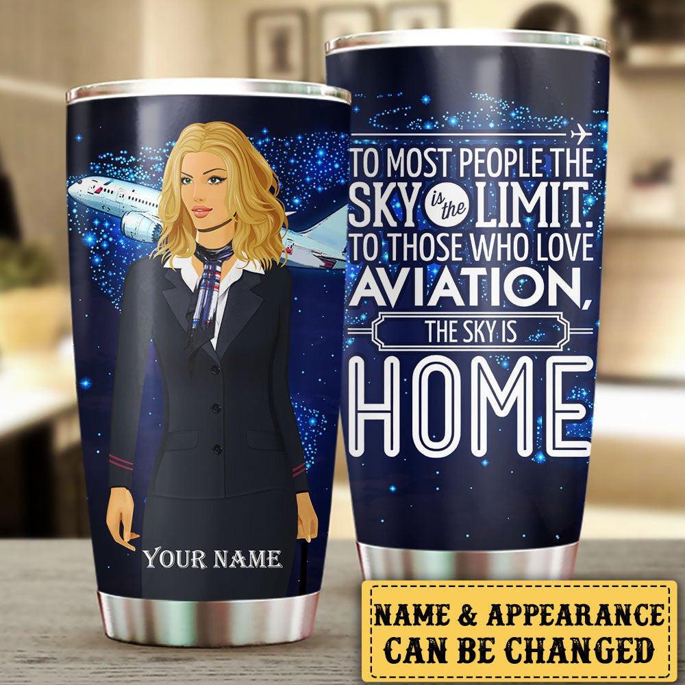 Personalized The Sky Is Home Flight Attendant Tumbler.