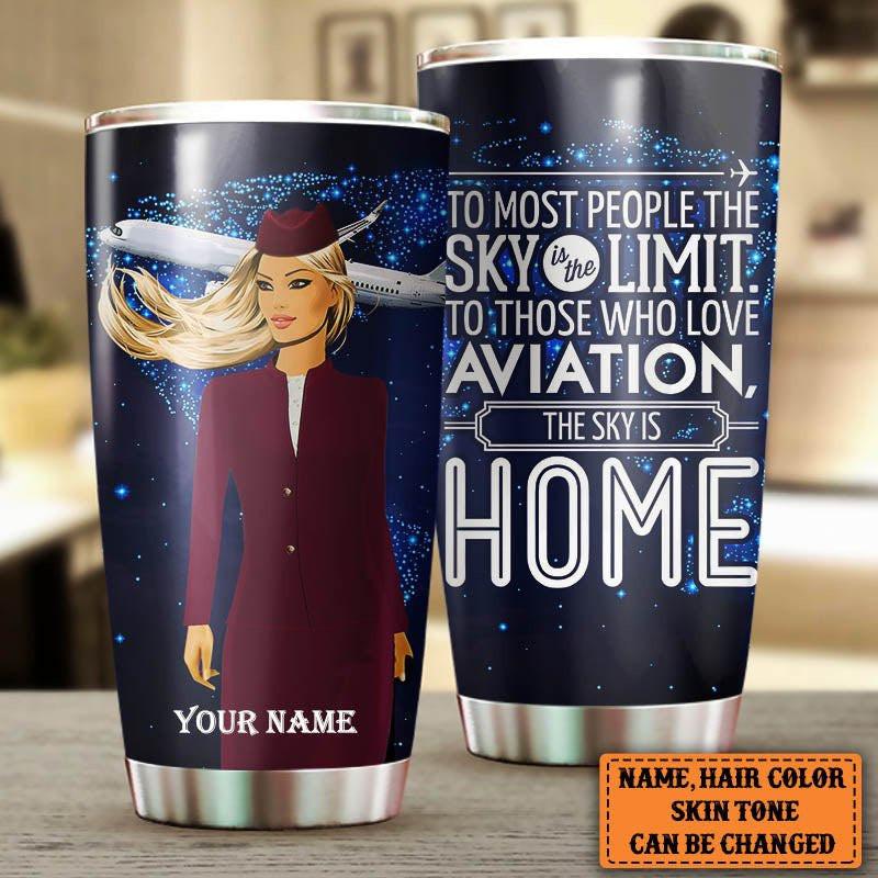 Personalized The Sky Is Home Flight Attendant Tumbler.