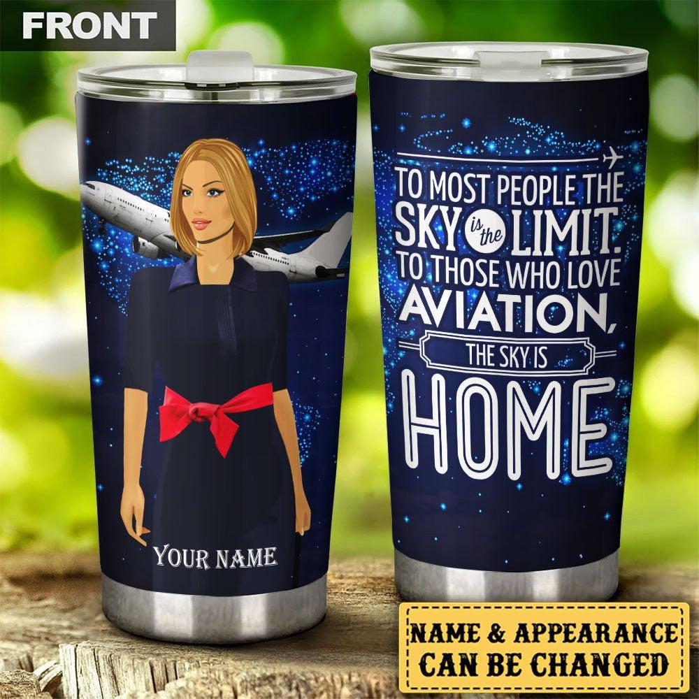 Personalized The Sky Is Home Flight Attendant Tumbler.