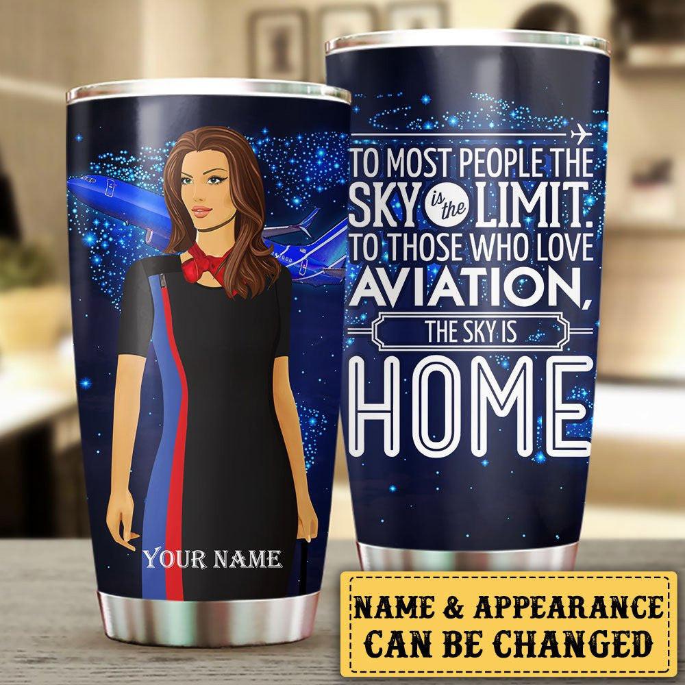 Personalized The Sky Is Home Flight Attendant Tumbler.