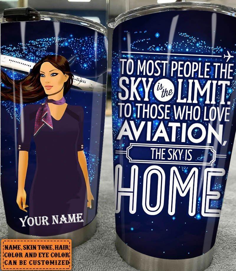 Personalized The Sky Is Home Flight Attendant Tumbler.