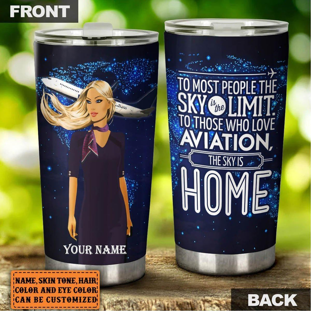 Personalized The Sky Is Home Flight Attendant Tumbler.
